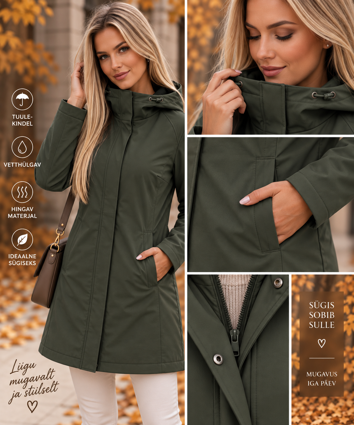 Mugav khaki kapuutsiga softshell parka 010101-UXF-KHAK